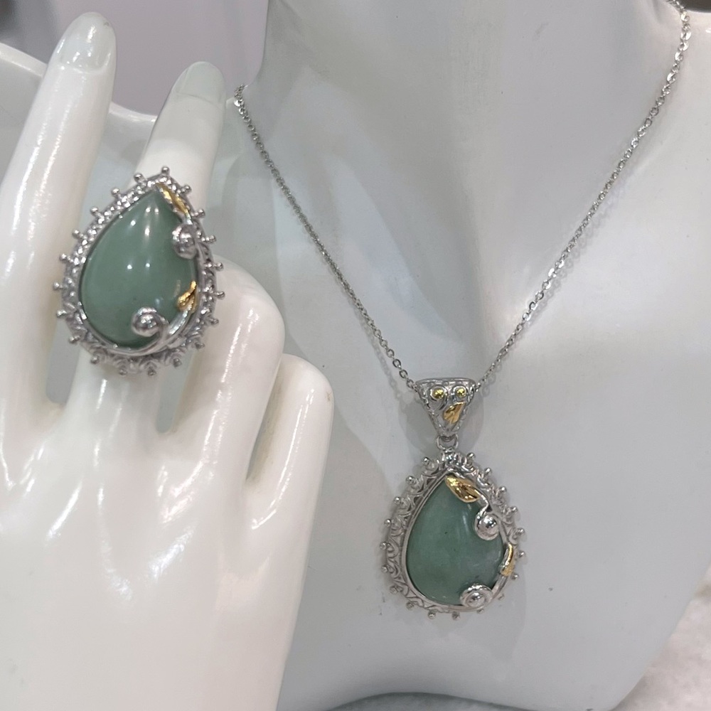 Green Aventurine YG Stainless Steel Pendant Necklace and Ring Set